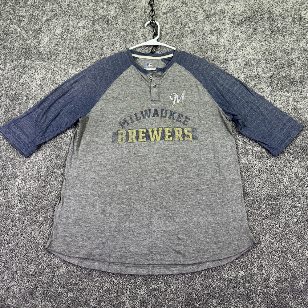 Milwaukee Brewers Shirt Mens XL Gray MLB Baseball Genuine Merchandise Henley Tee